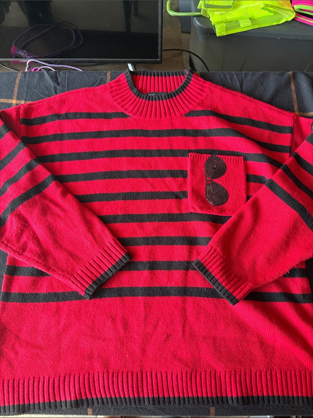 Karl Lagerfeld Red and Black Striped Crewneck Sweater with Pocket Motif